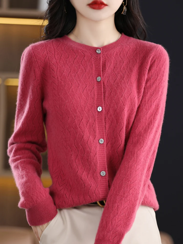 New 100% Merino Wool Sweater Women Cashmere Cardigan O-neck Hollow Out Wave Cut Knitwear Grace Fashion Comfortable Clothing Tops