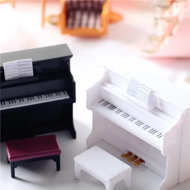 Miniature Piano Set 1/12 Dollhouse Mini Musical Piano with Stool Score Instrument Model for Kids Gift Home Decoration