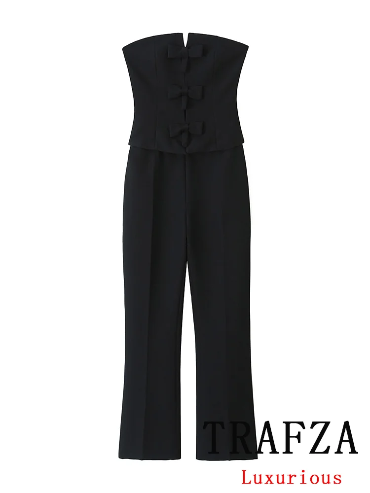 

TRAFZA Vintage Casual Chic Women Jumpsuit Solid Black Sleeveless Bow Long Pants Fashion 2024 Spring Summer Holiday Bodysuit