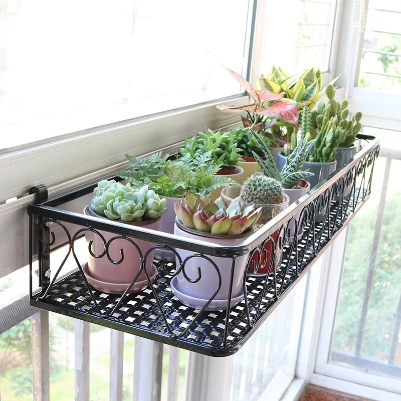 Wrought iron storage shelf, flower rack, balcony hanging plant shelf for railing, pot stand, space saving organizer