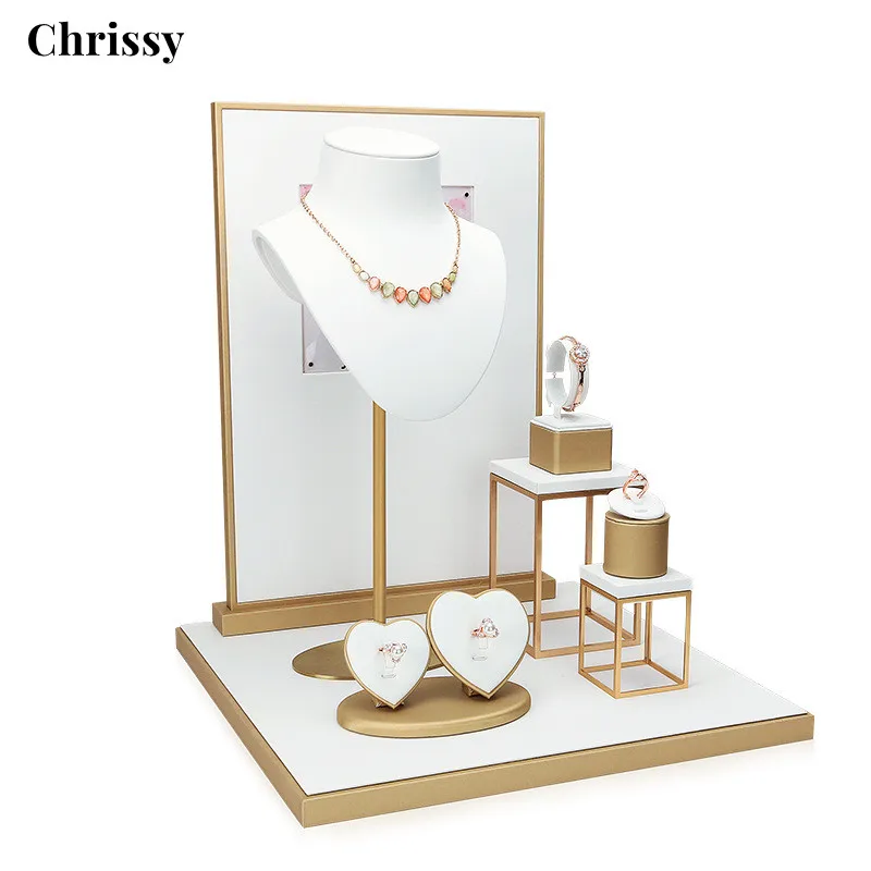 Gold Leather Jewelry Display Holder Rings Necklace Display Stand Pendant Bracelets Rings Bangles Display