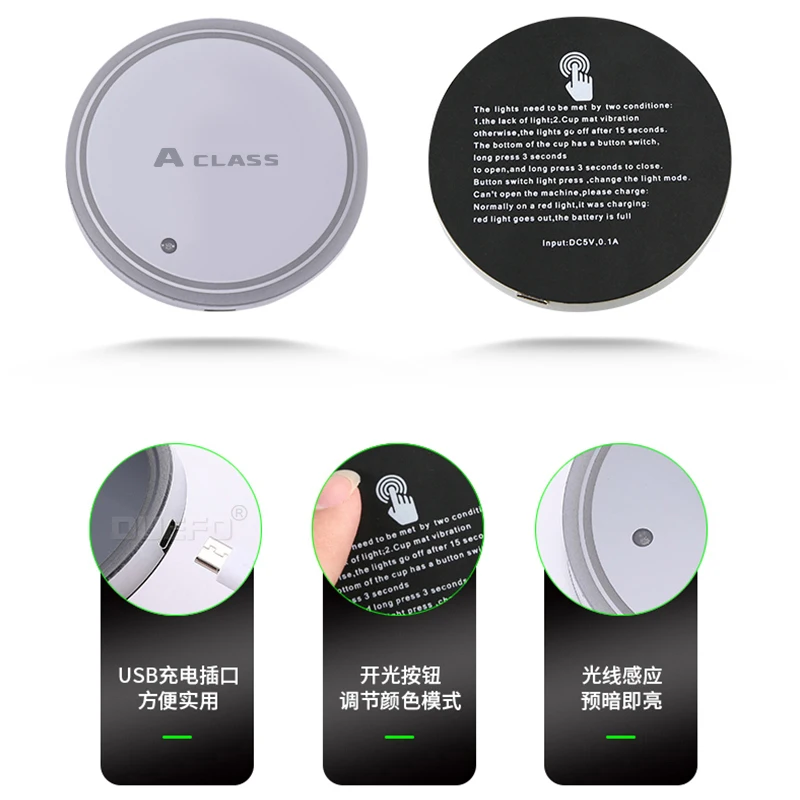 메르세데스 벤츠 A 클래스 차량용 야광 워터 컵 코스터, 다채로운 LED 분위기 조명, 자동차 로고 컵매트, 앰비언스 조명, 7 가지 신제품