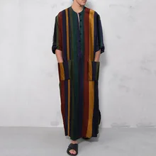 

Fashion Men Long Shirt 3/4 Sleeve Loose Mid-length Pullover Stripe Patchwork Round Neck Spring Autumn Men Shirt African Style