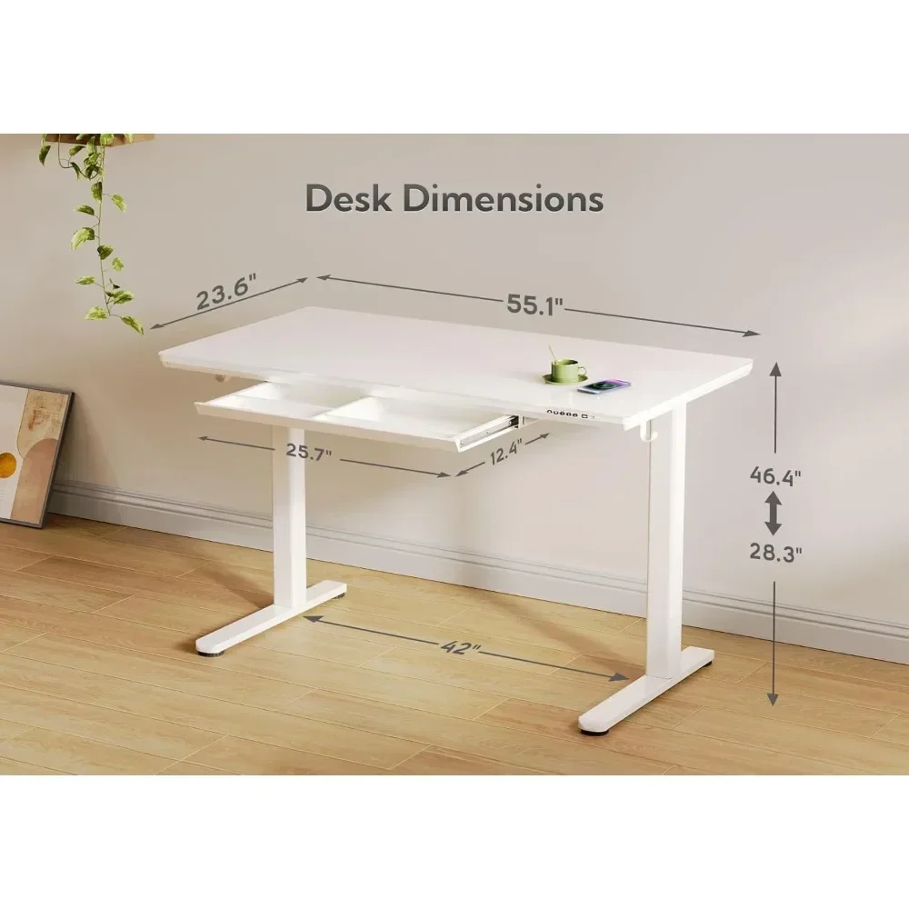 "ergonomic adjustable height desk with wireless charging and storage, 55" glass top standing desk"