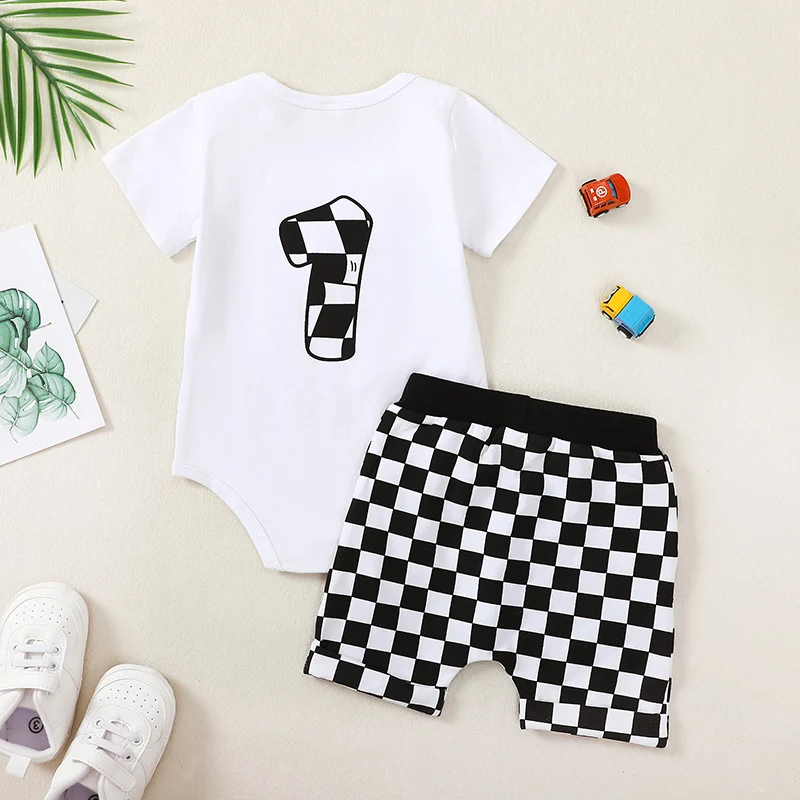 Baby Boy First Birthday Outfit Fast One Birthday Outfit Race Car 1st Birthday Outfit Plaid T Shirt Top Shorts Set 2
