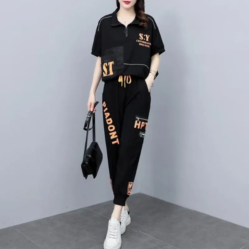 2023 Summer New Fashion Sports Leisure Suit Korean Style Loose Splicing Short Sleeve Tops Pencil Pants 2 Two Piece Set For Women