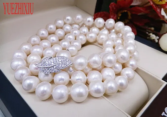 

100% natural 9-10mm freshwater pearl sweater chain micro inlay zircon Leaves long necklace 30inch jewelry