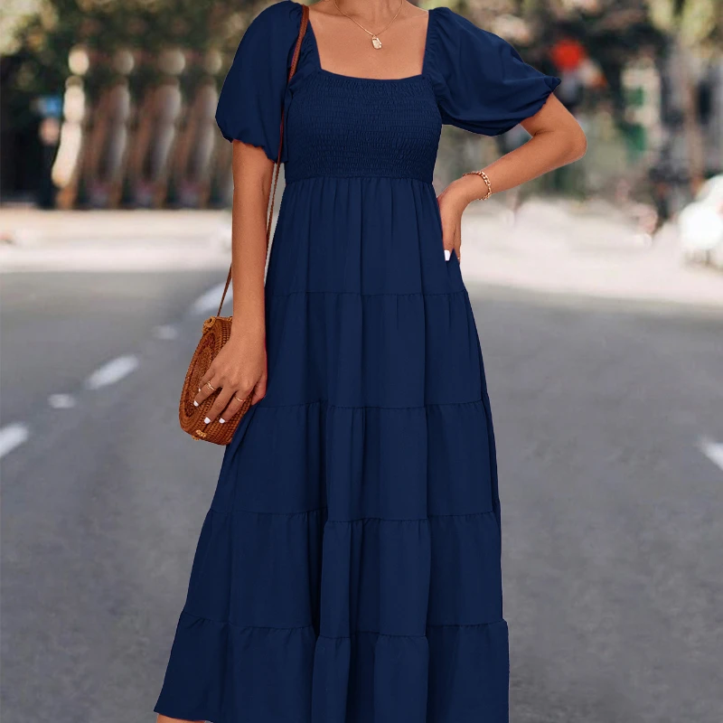 

New Women's Puffy Sleeve Dress New Short Sleeve Backless Solid Color Dress for Spring/summer Square Collar High Waist Design