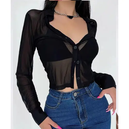 여성용 섹시한 시스루 긴팔 블라우스, 단색 턴다운 칼라 셔츠, S-2XL 상의, 여름 가을 2