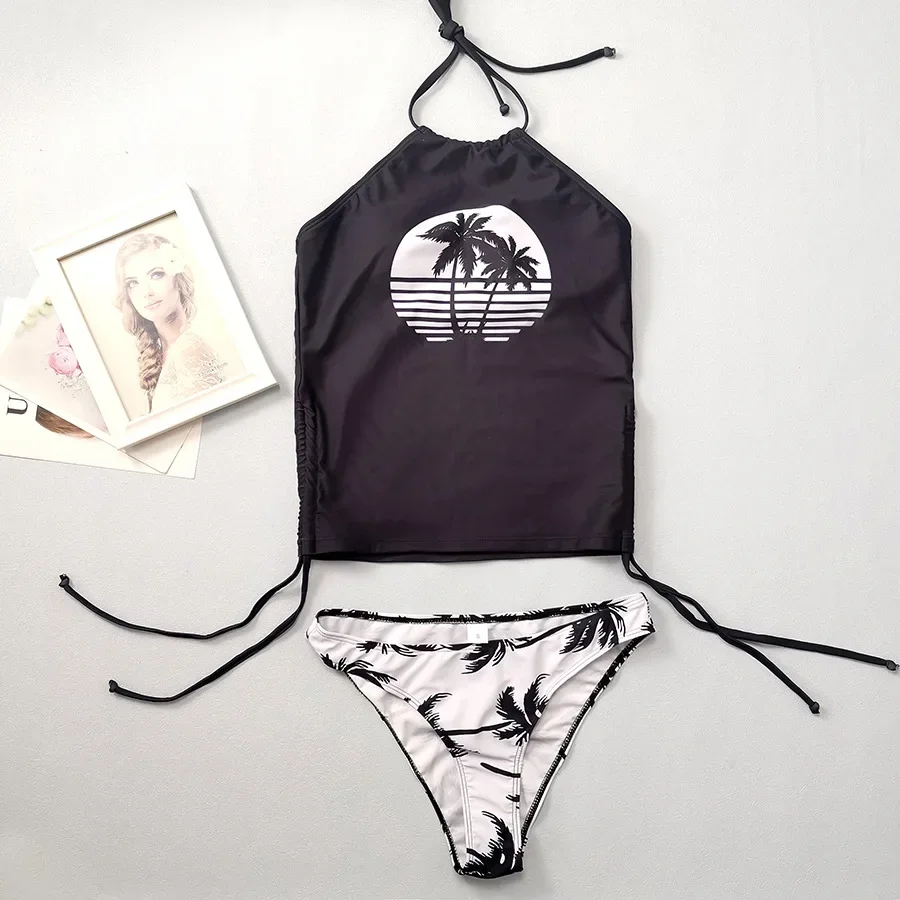 Plus Size Women Swimsuit Coconut Drawstring Side Halter Neck Tankini Bikini Set Beach Swimwear Fashion 2024 Bathing Suit Mujer