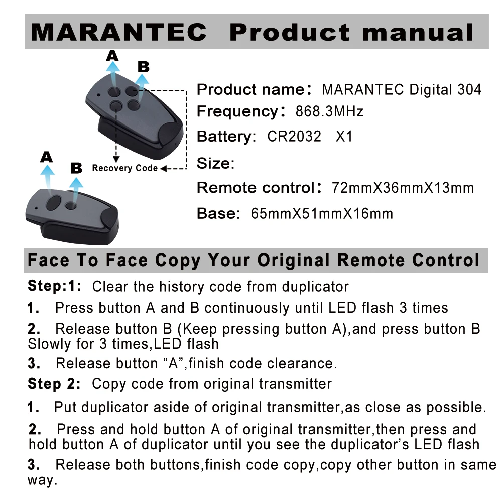 Marantec 868mhz / 433MHz Digital D302 D304 duplicator D382 D384 D313 321 Command 131 868.3MHz 433.92mhz Garage Remote Control