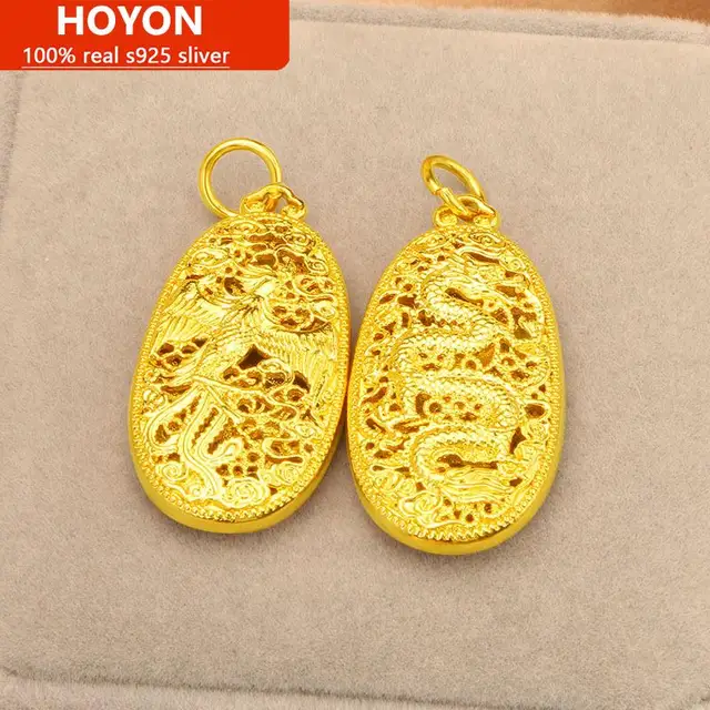 HOYON 18K Pure Gold Color Round Card Dragon and Phoenix Pendant