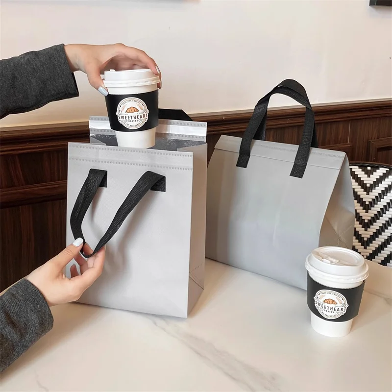 StoBag 10pcs Grey Non-woven Insulation Tote Bag Portable Fabric for Food Drinks Package Keep Warm Cold Delivery Reusable Pouch 4