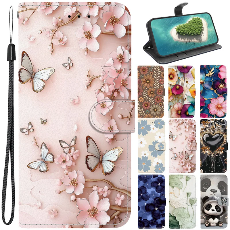 Retro Flower Wallet Stand Case with Strap - Back Cover