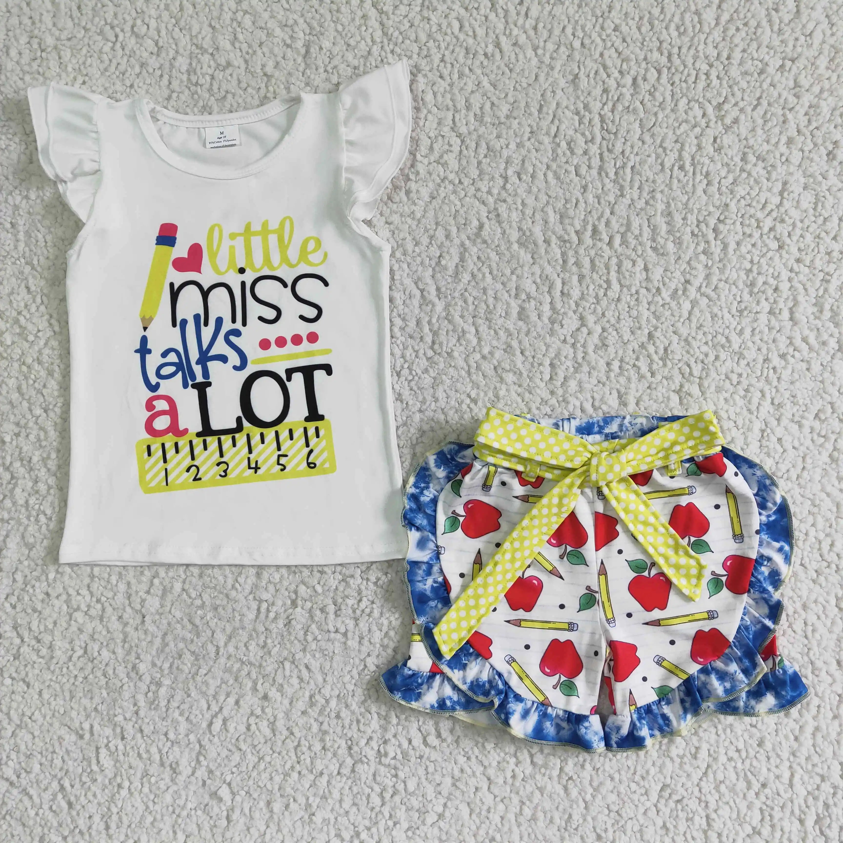 

student back to school summer outfit girl white flutter sleeve top match apples print shorts set