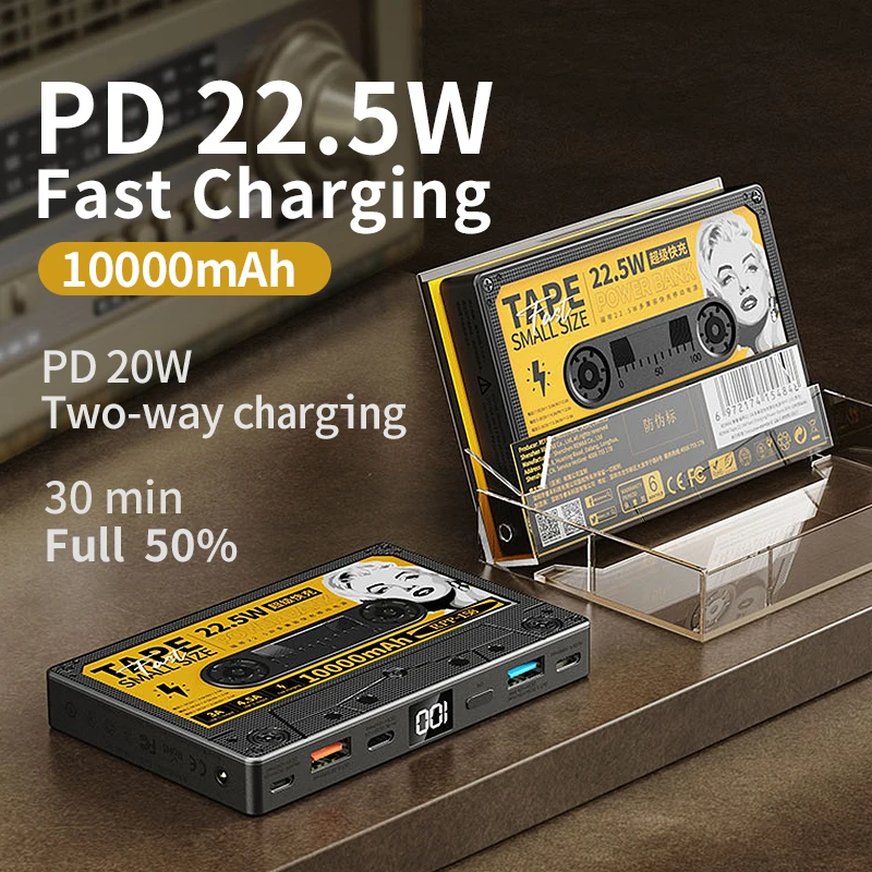 

Remax tape 10000mAh Power Bank PD18W QC22.5W Two-way Fast Mobile Charge Portable Mobile Battery Retro For Apple HUAWEI