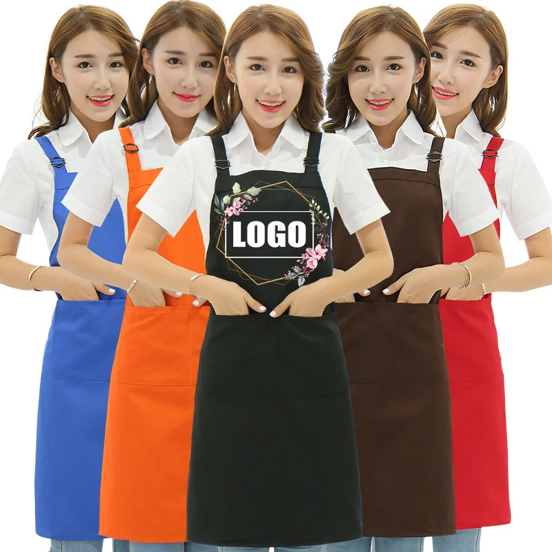 

100% Cotton Apron Adjustable Hanging Neck Salon Coffee Shop Cakeshop Restaurant Kitchen Waterproof Nail Apron Custom Brand Logo
