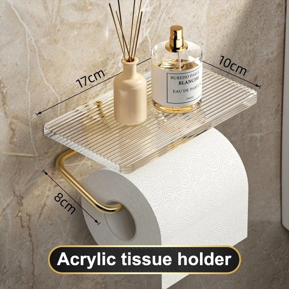 Luxury Gold Toilet Paper Holder with Shelf No Punching Acrylic Roll Paper Holder Tissue Hanger Bathroom Accessories 6