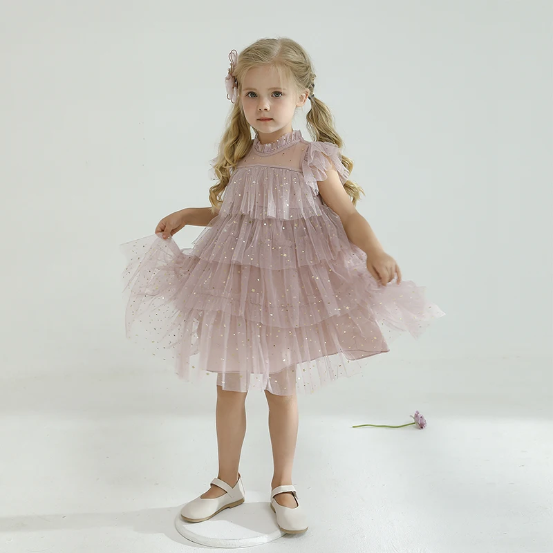 Girls Dress Summer Layers Cake Dress for Girls Sequin Ruffles Sleeve Tulle Tutu Dress Princess Birthday Party Vestidos Elegant Girls Dresses