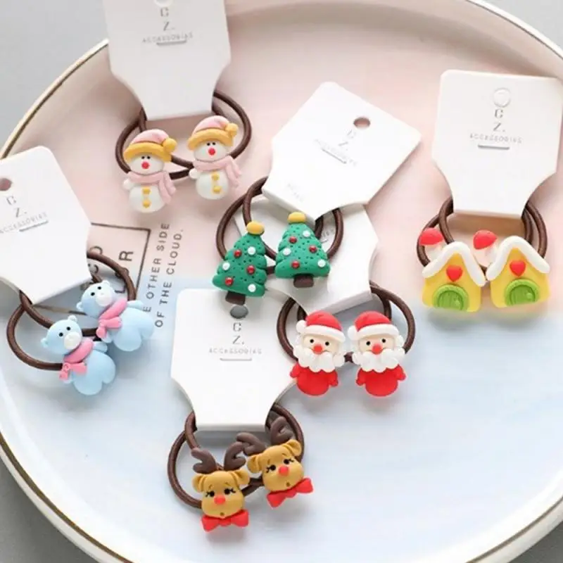 2pcs Cute Cartoon Christmas Elk Elastic Hair Bands Rubber Hair Rope Tie Girls Scrunchie Ponytail Holder Gum Accessories
