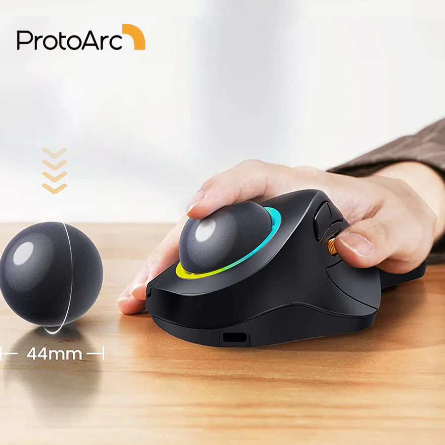 Mouse sem Fio Bluetooth Trackball Recarregável Ergonômico Rgb Retroiluminado Rollerball Ratos para Windows Mac Ipad Protoarc-em03