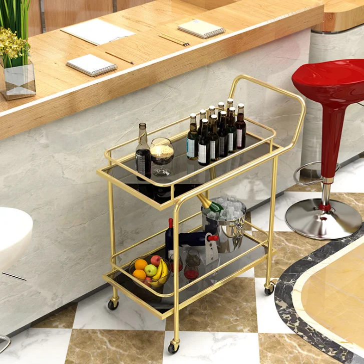 Hotel Gold Iron Portable Utility Movable 2 Tier Trolley Rolling Cart Bar Cart Rack Storage