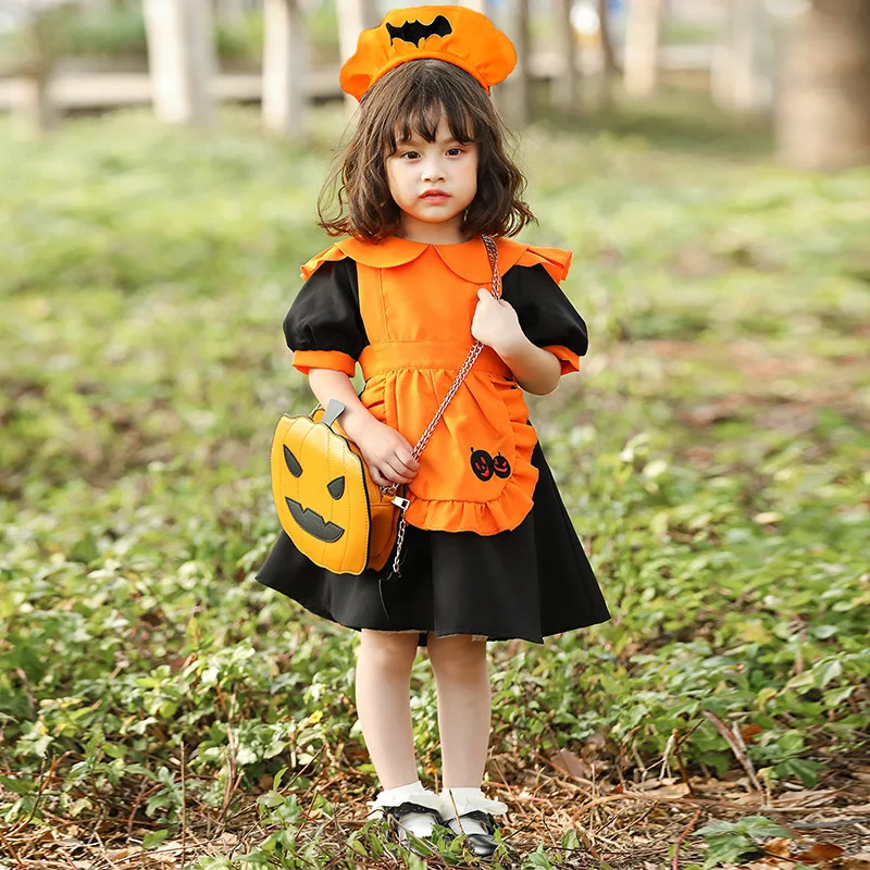 

Halloween Orange Color Pumpkin Cosplay Costume for Kids Girls Ghost Theme Party Children Bat Maid Lolita Role-playing Outfit