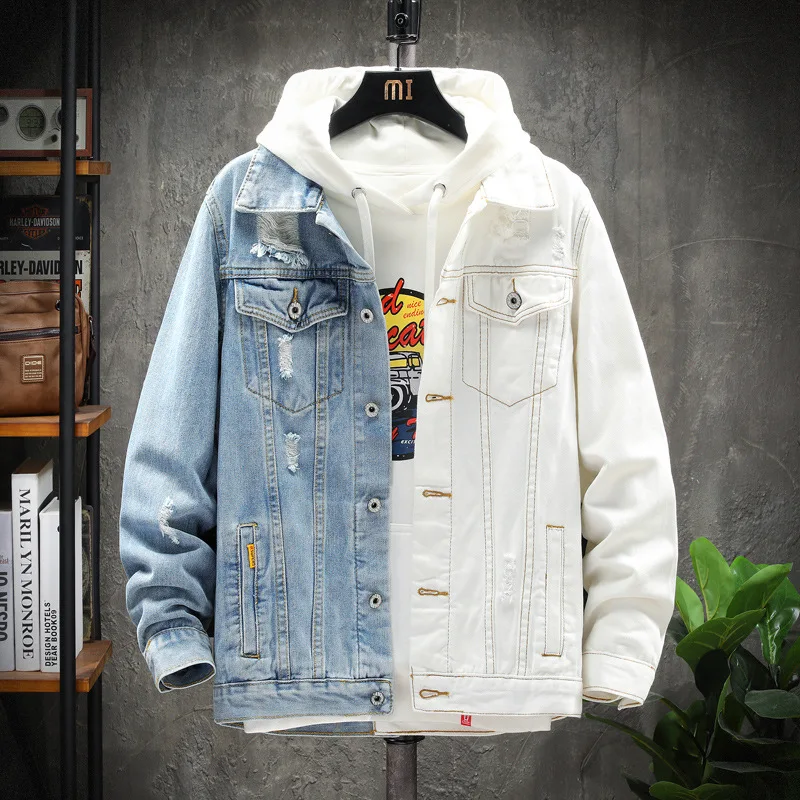 

2022 Spring Autumn New Men's Contrast Denim Jacket Double Color Fashion Ripped Personality Stitching Bomber Men's Jeans Jacket