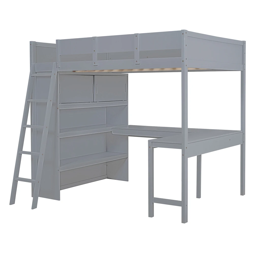 Full Size Loft Bed with Desk and Shelf - Gray 5