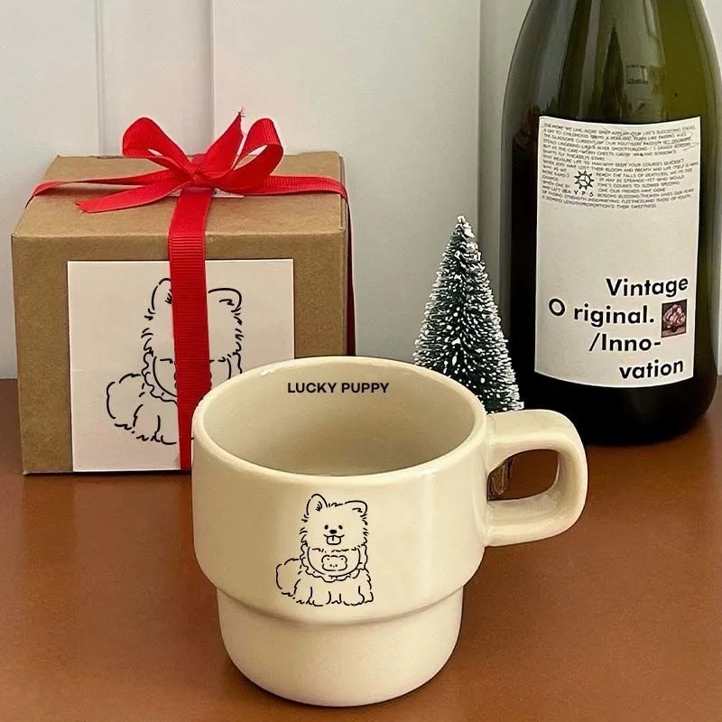 Korean Cartoon Ins Sle Small Dog Milk Coffee Gentle Cerc Mug Couple Breakfast Cup Gift Modern Universal Wooden Box Paa...