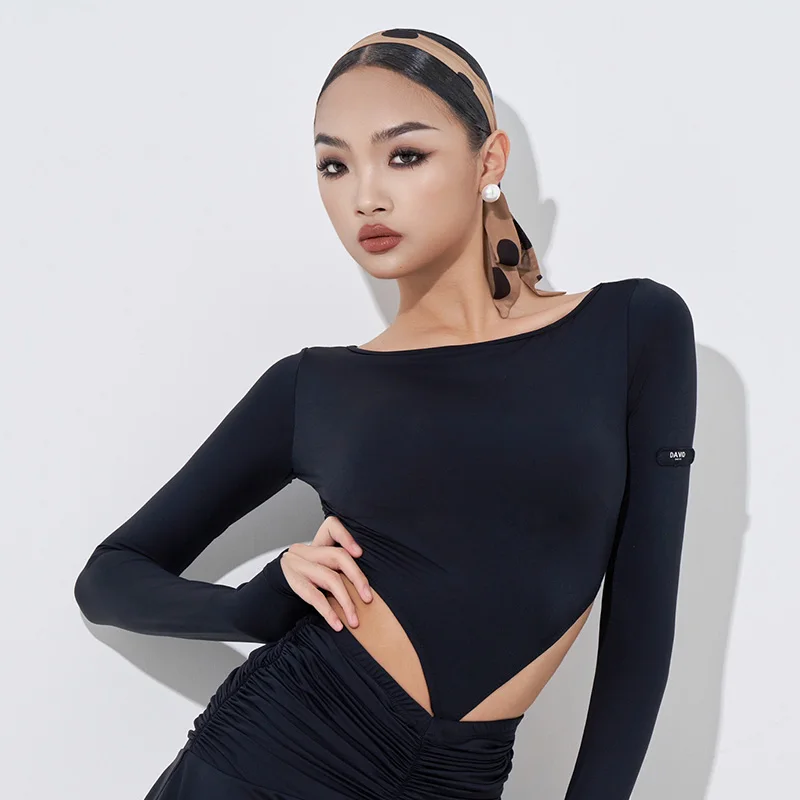 UK Latin Dance Outfit Ladies Long Sleeve Crop Top & Boned Bodycon Circle Skirt with Polka Dots for Autumn Winter Practice