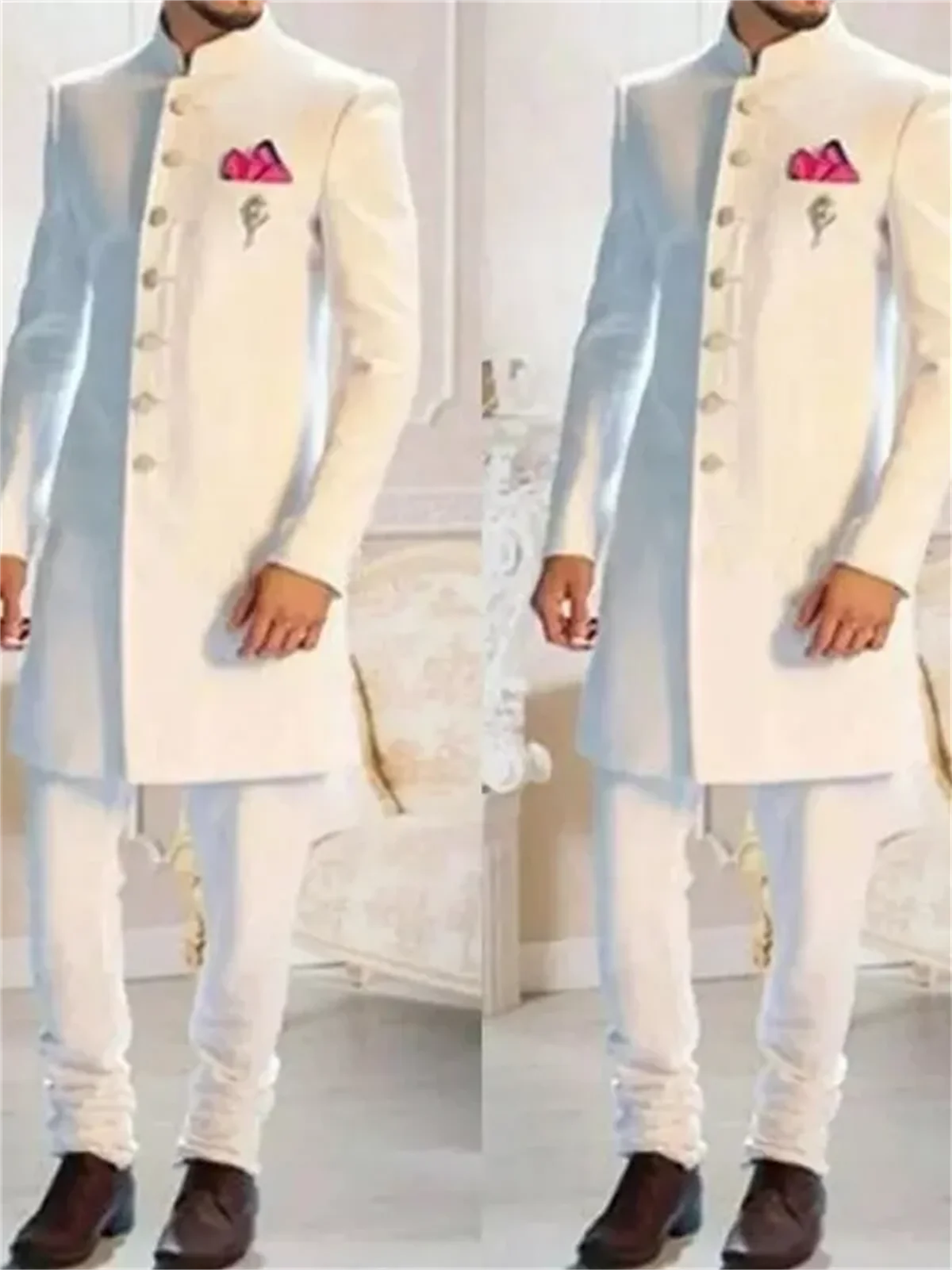 2Pc Fashion Design White Stand Collar Single Breasted Ethnic Indian Tuxedo Groom Long Suits For Men Wedding Formal Slim Fit Wear