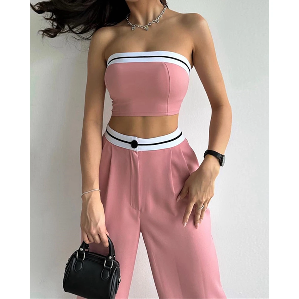 

Summer Ladies Pant Suit Women Striped Strapless Crop Top & High Waist Wide Leg Pants Set Ensembles Femme Pink 2 Pieces Set Suits