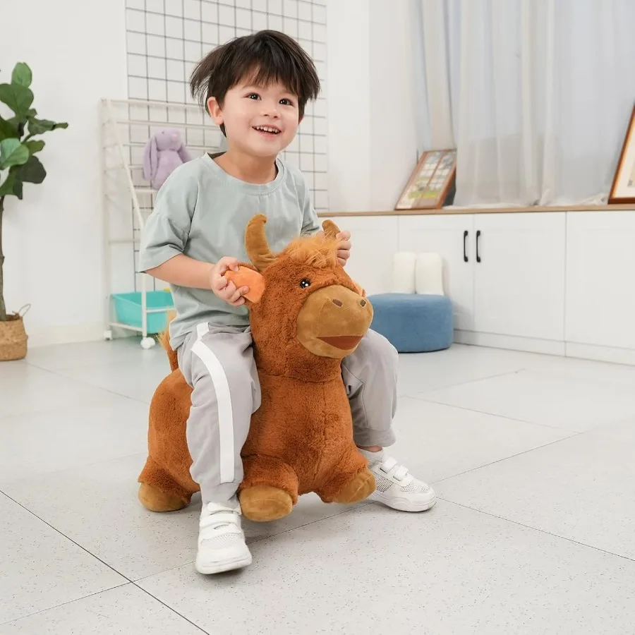 INPANY Bouncy Bull Hopping Toys-Toddler Brown Plush Cow Hopper Inflatable Farm Animal Hopper Horse Outdoor Indoor Ride on Rub