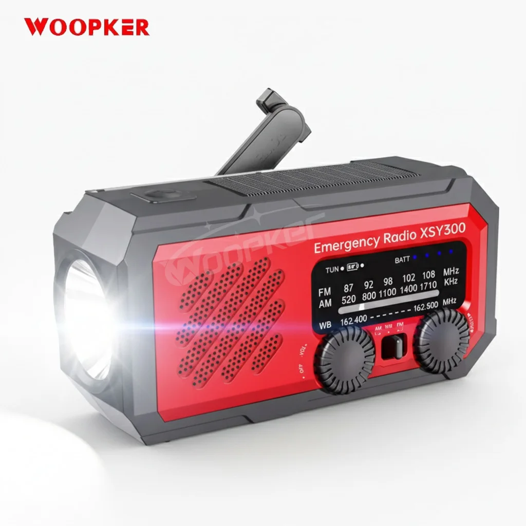 WOOPKER 휴대용 라디오 태양열 핸드 크랭크 비상 라디오 AM/FM/WB 날씨 라디오 LED 손전등 SOS 알람 USB 보조 배터리