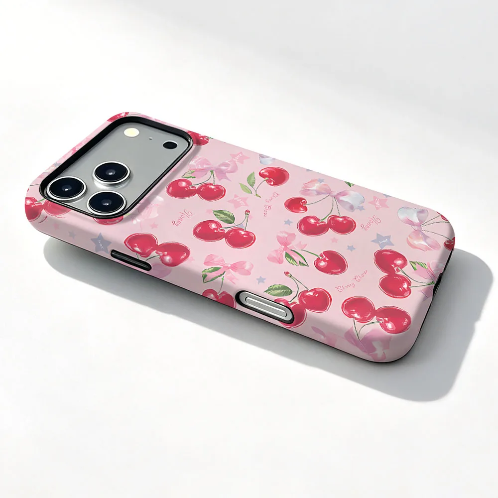 Magnetic Phone Case with Red Cherry Pattern and 2-in-1 Film Shell Bumper Cover