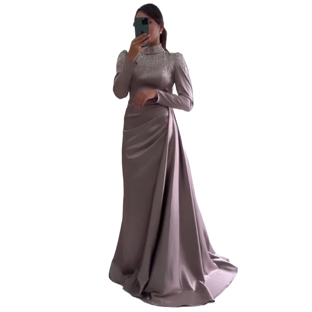 

Exquisite Mauve Beaded Mother of the Bride Gowns Draping Flowing Train Sparkling High Neck Formal Events and Red Carpet Moments