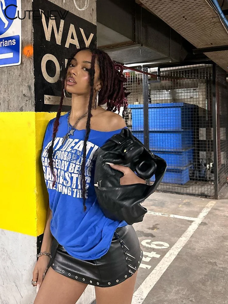 Casual Letter Print Women T-shirts Summer Concise Incline Shoulder Short Sleeve Oversized Tees Female Wild Street Tops