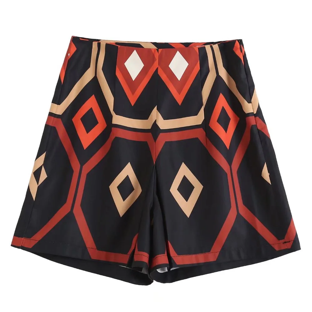 KPYTOMOA Women Fashion Geometric Print Shorts Vintage High Waist Side Zipper Female Short Pants Mujer lululemon shorts