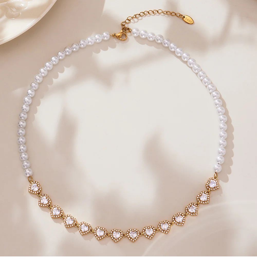 Edelstahl glänzende herzförmige Zirkon Anhänger Halskette Damen weiße Imitation Perle Perlen Kette Halsband Luxus Schmuck – Detail 10