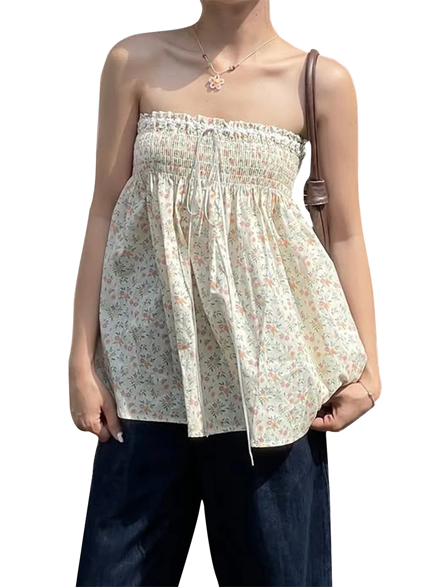 Women s Floral Print Strapless Tube Top with Pleated Detailing Backless Design and Perfect for Summer Clubwear 5