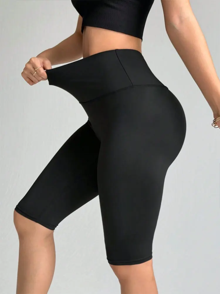 Women’s High Waist Solid Color Capri Sports Leggings Summer Cool Breathable Bottoms For Fitness Jogging Cycling Yoga Sweatpants 2