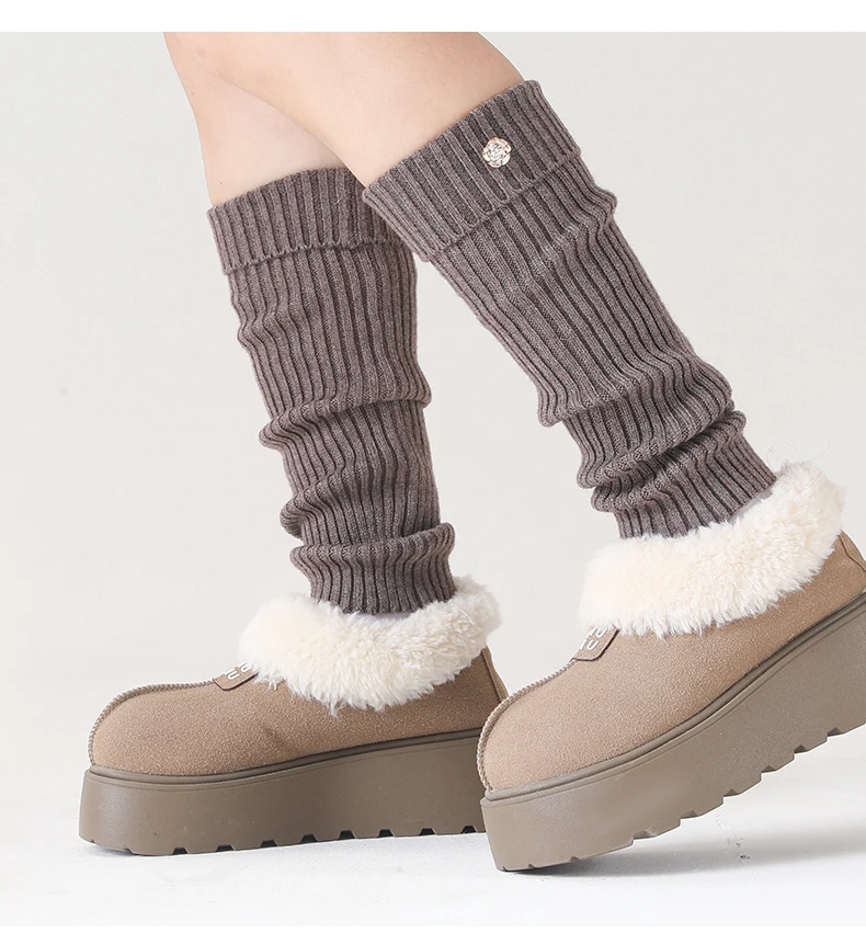 Gerippte Beinwärmer für Damen mit Deko-Knopf JK Echtwollmischung Knöchelbesatz Stiefelsocken Herbst Winter Fußabdeckung Druckfrei Y2k – Detail 17