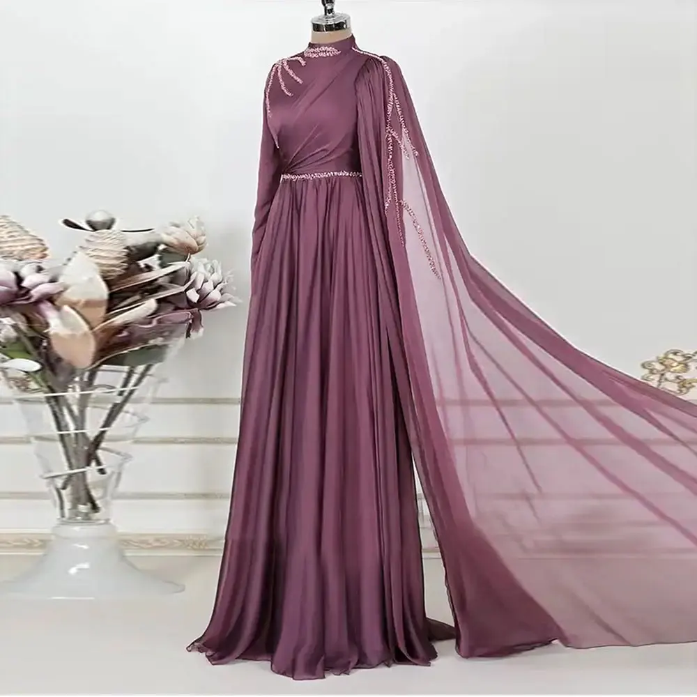 

Muslim Evening Dresses For Women Chiffon Long Sleeve abendkleider Beaded Moroccan Caftan Muslim Prom Gowns Applique Robe Vestido