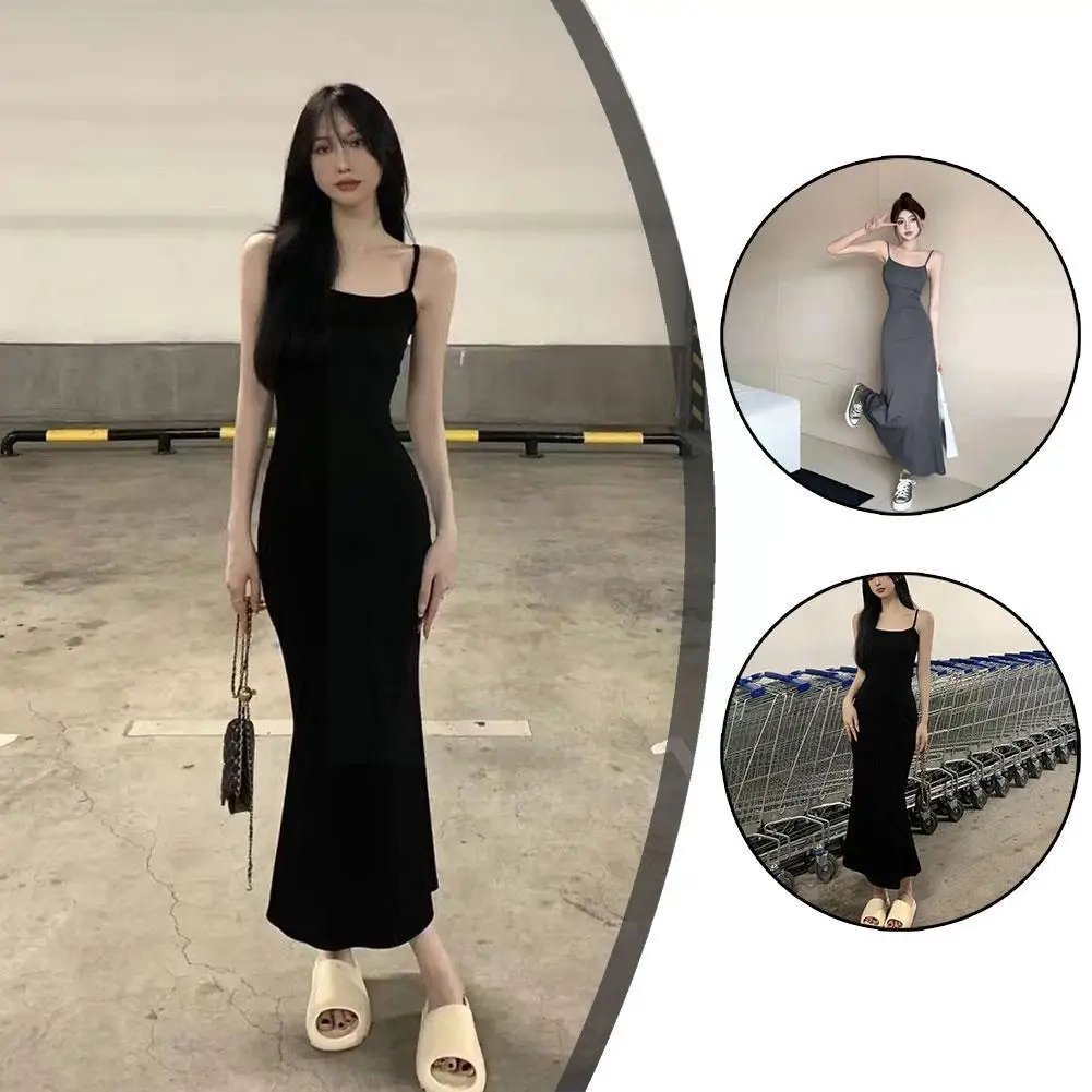 

Sweet Gyaru Sleeveless Backless Sling Dress Women Summer Mid-Length Pure Base Skirts Sheath Desire Temperament Fishtail W7R1