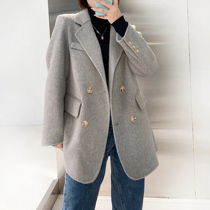 Women Double Sided Wool Blazer Solid Color Coat Fashion Turn-down Collar Double-breasted Spring Autumn2023 Versatile Casual Top energetic pei sheet dia 270mm double sided smooth pea textured pei magnetic build plate spring steel sheet for flsun super racer