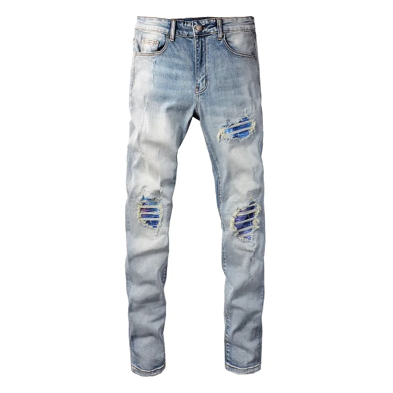 UK Drips Jeans Blue Streetwear High Stretch Distressed Rainbow Color Ribs  Patches Holes Moustache Slim Fit Ripped Jeans Men - AliExpress