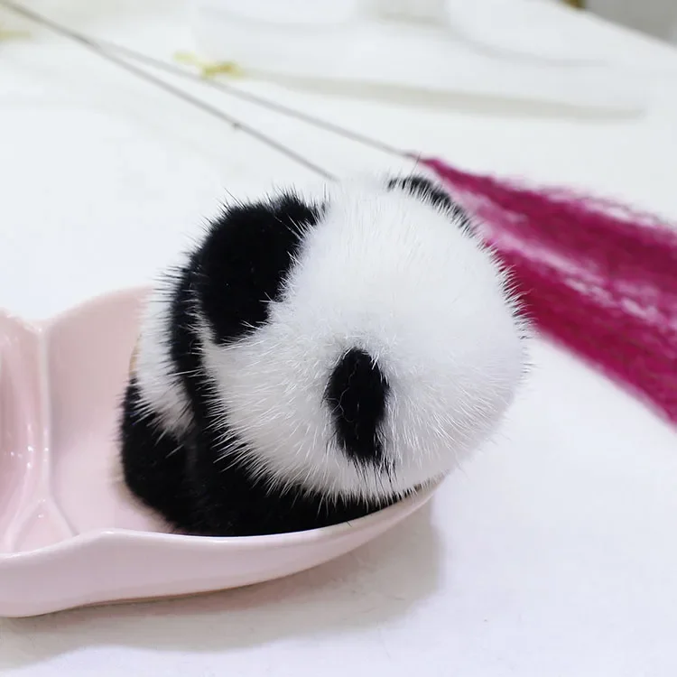 10CM Cute Panda Real Mink Fur Key Chains Plush Toy Pendant Kids School Bag Hanging Ornaments Women Car Keyring Trinkets Gift