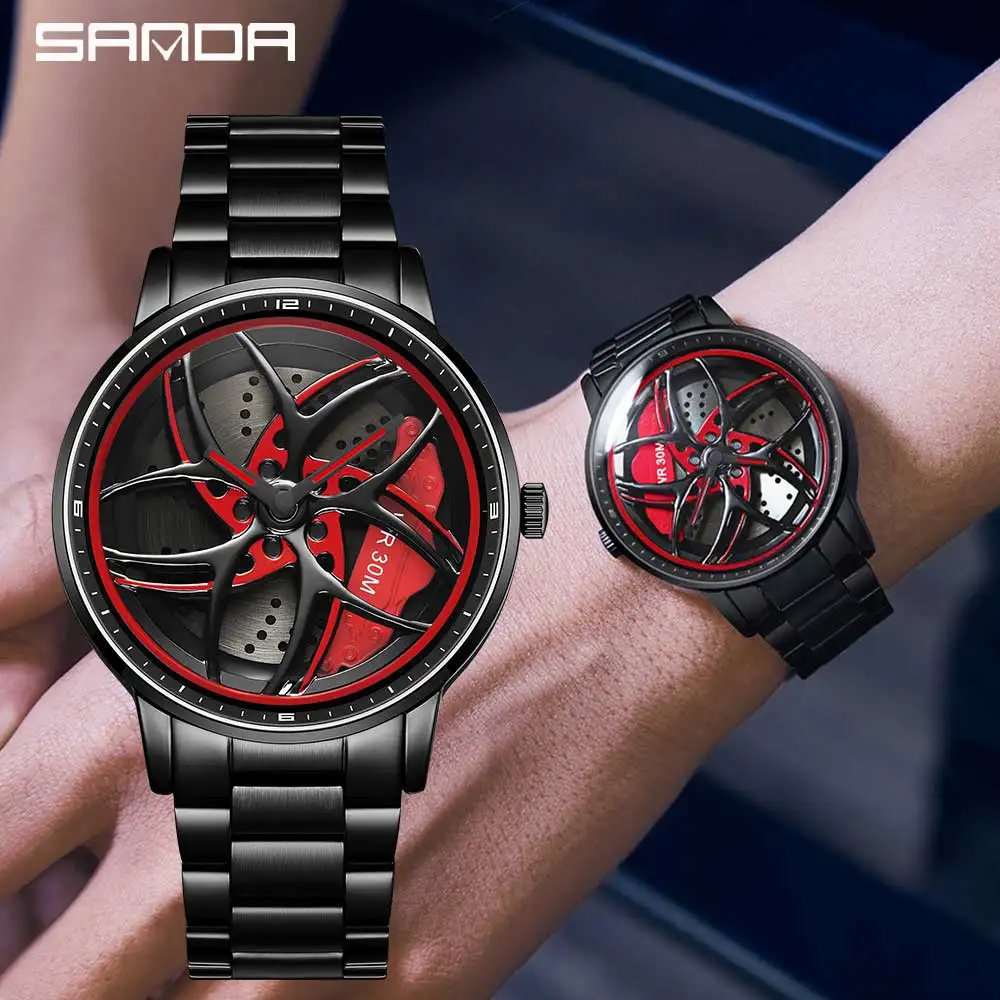 

Hot Sell Mens Watch Sports 360 Rotating Car Wheel Dial Watches Men Waterproof Stainless Steel Men Quartz Wristwatch Relogio