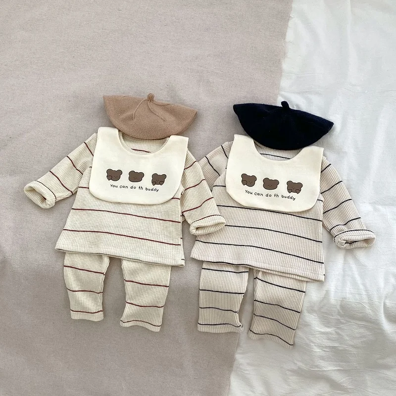 

3PCS Set Newborn Baby Clothes 0-3Years Infant Boy Girl Long Sleeve Striped T-shirt Tops Pant Bear Bib Outfits Autumn Suit